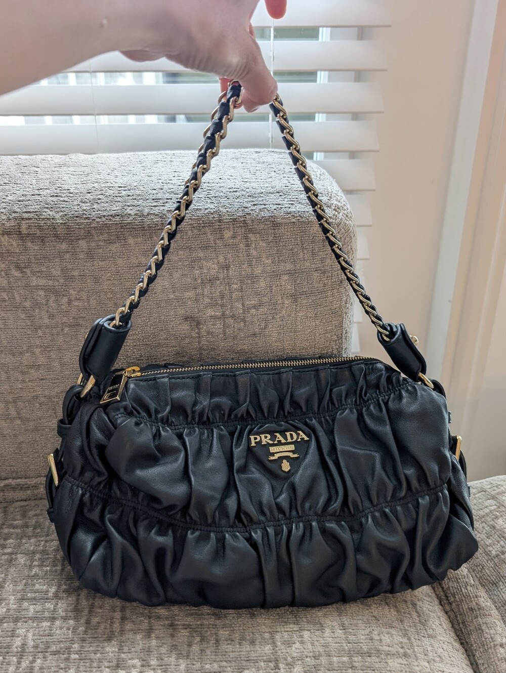 Prada Black Ruched Leather Shoulder Bag